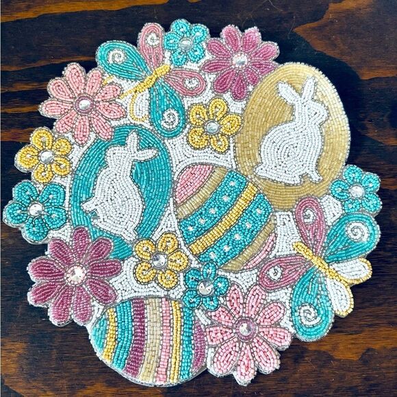 Easter Bunny Rabbit Eggs Floral Beaded Placemat Spring Table Mat Decor - Picture 1 of 3